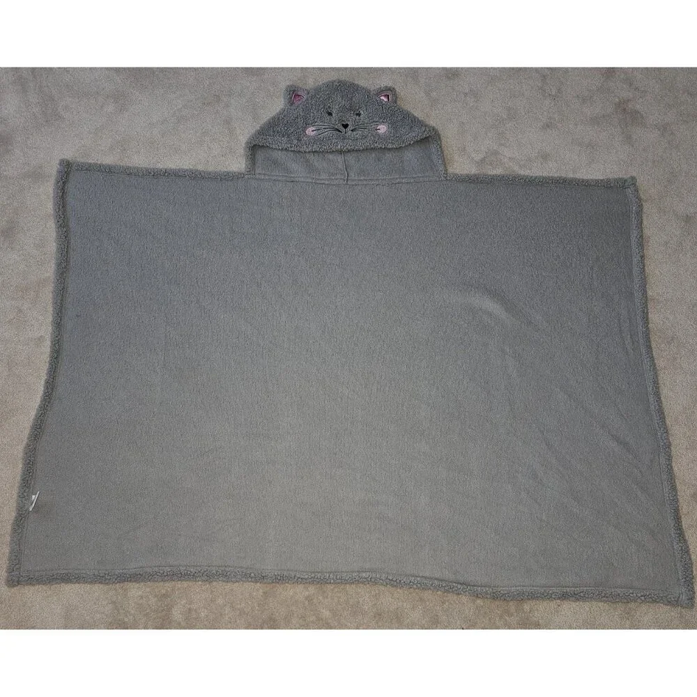 Silver One Gray Kitty Cat Hooded Blanket Soft Sherpa 39x53 Youth Boy Girl